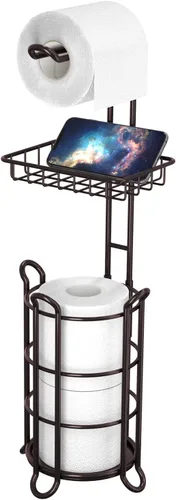 Miniatura 10 de Soporte de rollo de papel higiénico para baño, soporte de papel higiénico de pie con estante de almacenamiento central, reserva de mega E-plata