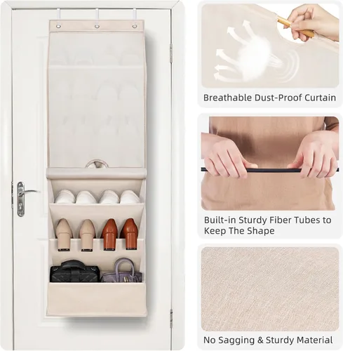 Miniatura 5 de STORAGE MANIAC Organizador de zapatos para colgar sobre la puerta con cortina, resistente al polvo, organizador de zapatos grande y profundo