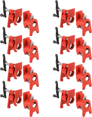 Miniatura 7 de Juego de abrazaderas para tuberías de madera de 3/4" con diseño de pie único rojo. Abrazaderas de barra resistentes de hierro fundido de liberación