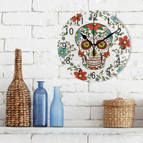 Miniatura 3 de ALAZA Decoración para el hogar, diseño floral de calavera de azúcar, día de los muertos, redondo, acrílico, 9.5 pulgadas, reloj de pared silencioso