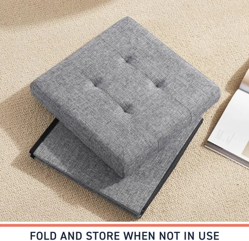 Miniatura 7 de Ornavo Home Otomán de Almacenamiento Plegable de Lino Acolchado Cubo Cuadrado Reposapiés/Asiento - 15" x 15" x 15" (Gris)