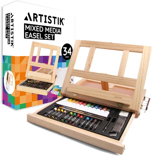 Artistik Mixed Media Easel Art Set – Juego de pintura de caballete de escritorio de madera de 34 piezas con pinturas acrílicas, 3 tableros de lienzo