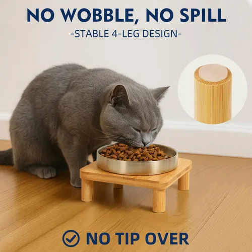 Miniatura 2 de DoogCat Cuencos elevados para gatos de interior – Soporte elevado de bambú para gatos con platos de acero inoxidable de 5.5 pulgadas de ancho, plato