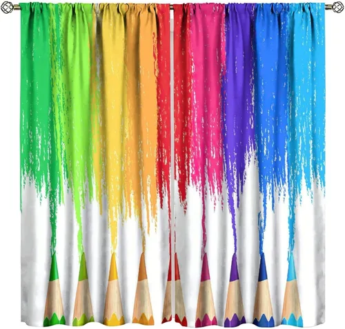 Miniatura 38 de Cortinas opacas abstractas de arco iris, pintura de color arcoíris con gotas, diseño gráfico creativo con bolsillo para barra, para sala de estar