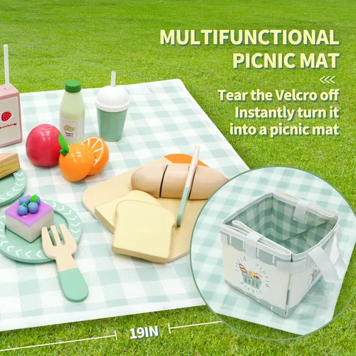 Miniatura 2 de Juego de picnic – Comida de madera para jugar – Juegos de comida para niños – Comida de simulación, comida de juguete con bolsa de almacenamiento