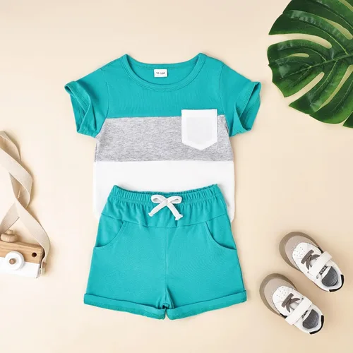 Miniatura 33 de Ropa para bebé niño pequeño, trajes de verano de manga corta, camiseta de retazos y pantalón con bolsillo, conjunto de 2 piezas, 12 meses a 4 años