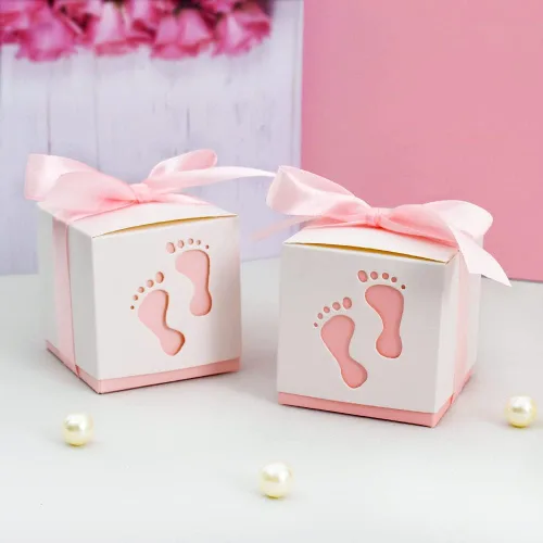 Miniatura 7 de BEISHIDA Cajas de regalo para baby shower, cajas de dulces con huellas azules con cintas para fiesta de revelación de género de bebés y niños