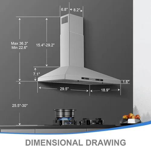 Miniatura 4 de SNDOAS Campana extractora de montaje en pared de 30 pulgadas con control táctil y de detección de gestos, campana extractora de acero inoxidable