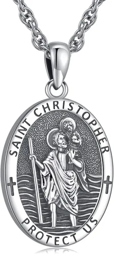 LOOVE Collar de plata de ley 925 de San MiguelSan CristópaloCrucifijo de JesúsSan BenitoVirgen María milagrosa para hombres y mujeres arcángel