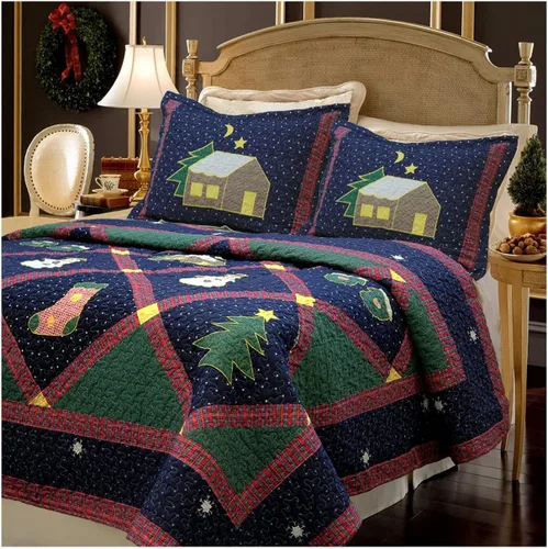 Miniatura 11 de Cozy Line Home Fashions Juego de ropa de cama reversible con diseño de retazos de Navidad, color azul marino, silencioso, cielo estrellado, cabaña