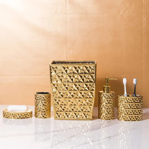 Miniatura 6 de Juego de accesorios de baño dorados de 4 piezas de cerámica para apartamentos, incluye dispensador de jabón, soporte para cepillos de dientes, taza