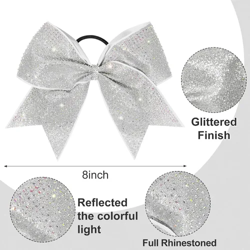 Miniatura 2 de DEEKA 6 lazos grandes de animadora con purpurina de 8 pulgadas con diamantes de imitación completos, lazos para el pelo de animadora coloridos Plata