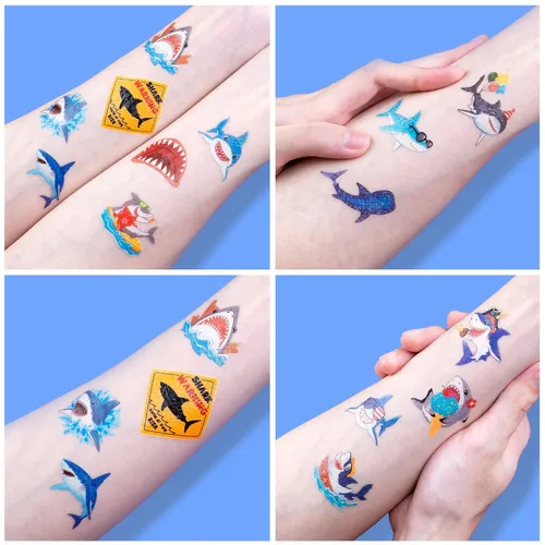 Miniatura 6 de 96 tatuajes temporales precortados de tiburón para niños Recuerdos de fiesta de cumpleaños con temática de tiburón súper lindo, suministros