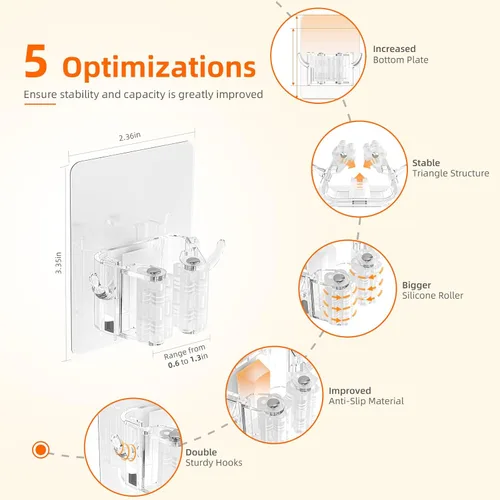Miniatura 3 de Batur Soporte de pared para escoba, paquete de 4 soportes adhesivos para trapeador y escoba, soporte de pared, súper antideslizante, organizador