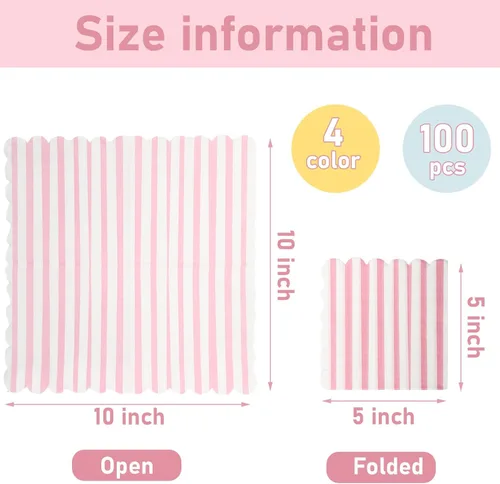 Miniatura 2 de Tenceur Paquete de 100 servilletas festoneadas en colores pastel con rayas mixtas de helado de 5 x 5 pulgadas, servilletas de papel desechables
