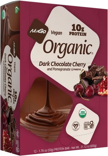 NuGo Cereza y granada de chocolate negro orgánico, 0.35 oz de proteína vegana, sin gluten, 12 unidades