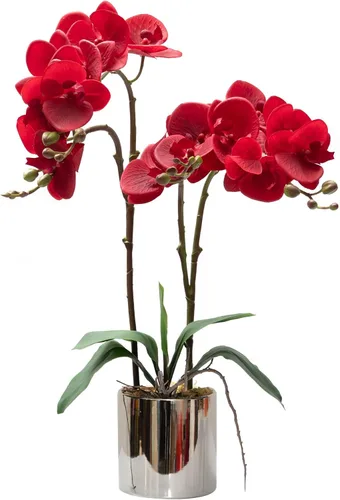 Miniatura 20 de CXGS Planta de orquídeas artificiales de tacto real, orquídeas falsas en jarrón de cerámica, naranja, 19.7 pulgadas, arreglo floral falso