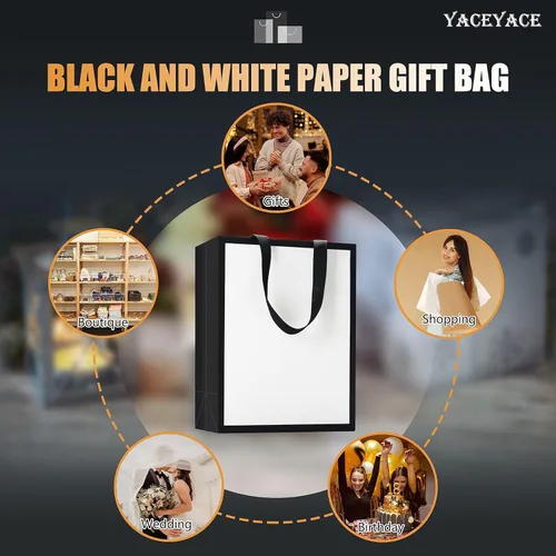 Miniatura 7 de Bolsas de regalo blancas y negras, 20 bolsas de regalo medianas de 8 x 4.25 x 10.5 pulgadas, bolsas de regalo blancas y negras con asas, bolsas