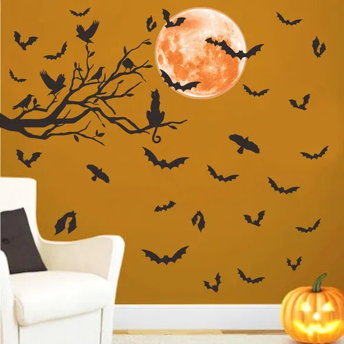 Miniatura 8 de Halloween Moon Wall Sticker Black Bat Wall Stickers Vinyl Crow Bird Tree Branch Wall Decals Removable Halloween Moon Bat Wall Decals Bats Window