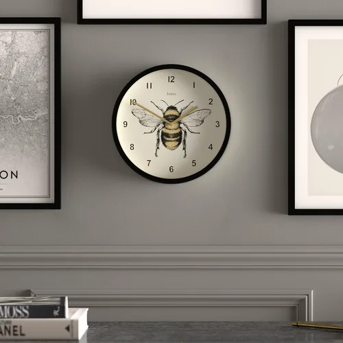 Miniatura 2 de JONES CLOCKS® Reloj de pared de abeja Pequeño reloj moderno con ilustración de abeja 10 pulgadas Negro Diseño decorativo para cocina, sala
