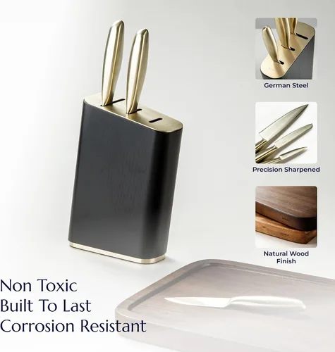 Miniatura 8 de JazzUpCo Juego de cuchillos de cocina alemanes de acero inoxidable con soporte y tabla de cortar de acacia, apto para lavavajillas, cuchillas Tabla