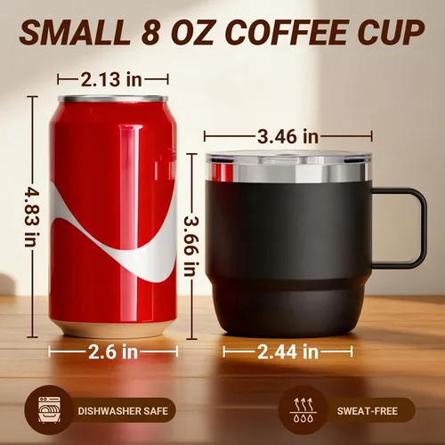 Miniatura 9 de Taza de café pequeña de 8 onzas con tapa deslizante magnética y asa, acero inoxidable 18/8 con forro de cerámica, doble pared aislada al vacío