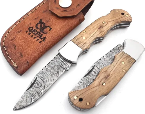 Miniatura 10 de Cuchillo de bolsillo de Damasco hecho a mano de 6.5 pulgadas para hombres, cuchillo de caza con funda para exteriores, camping, pesca, senderismo