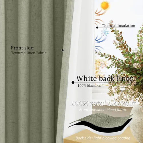Miniatura 72 de Cream Linen Blackout Curtains 96 Length 2 Panels Set for Living Room Bedroom, 100% Black Out Thermal Insulated Linen Drapes, Room Darkening Grommet