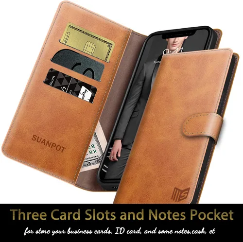 Miniatura 4 de SUANPOT Funda de piel tipo cartera para iPhone 12 Pro Max con bloqueo RFID, tarjetero de crédito, libro de folio magnético de poliuretano