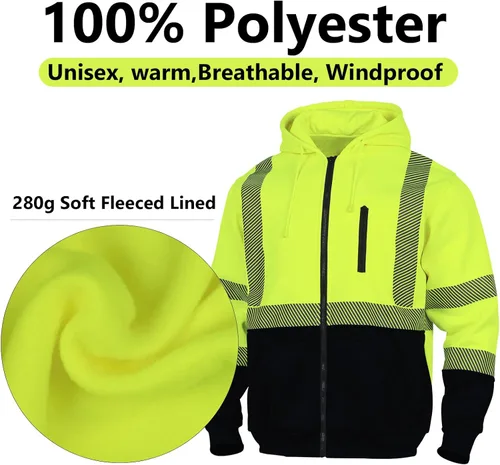 Miniatura 4 de VENDACE Sudadera de Forro Polar Reflectante de Alta Visibilidad ANSI Clase 3 para Hombres, Sudadera con Capucha de Alta Visibilidad con Cremallera
