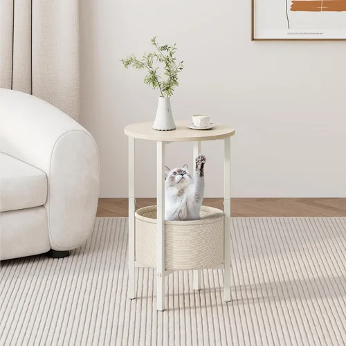 Miniatura 5 de Vagusicc Mesa auxiliar, mesa auxiliar redonda con cesta de tela, para sala de estar, dormitorio, oficina, Begie