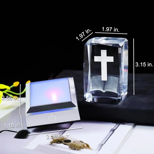 Miniatura 5 de YWHL Figura de Cruz de Cristal 3D con Base de Luz Colorida, Grabada Láser, Regalos Religiosos Bíblicos para Mujeres y Hombres, Decoración Cristiana