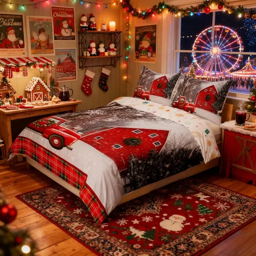 Miniatura 33 de Juego de funda de edredón para niños con diseño de Navidad, tamaño individual, camiones rojos y árboles de pino con copos de nieve, decoración