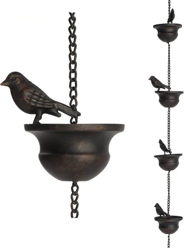 Jemeni Cadena de lluvia de 5.5 pies con 8 pájaros en copas, cadena de canalón de metal de bronce oscuro, fácil de instalar con colgador adjunto