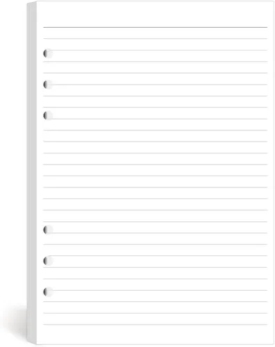 Papel rayado A5 con 6 agujeros perforados, 100 hojas (200 páginas), compatible con organizador Filofax A5, 3.53 oz/m², color blanco