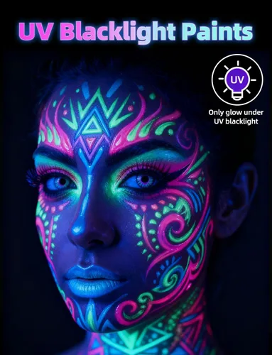 Miniatura 2 de 6 botellas, 28.3 g Pintura UV para el cuerpo brillante con luz negra fluorescente, segura para la piel, lavable, no tóxica, kit de seis