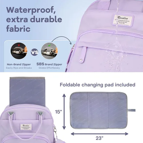 Miniatura 5 de RUVALINO Mochila para Pañales, Paquete de Viaje Multifunción Bolsas de Cambio para Maternidad y Bebé, Gran Capacidad, Impermeable, Morado Taro