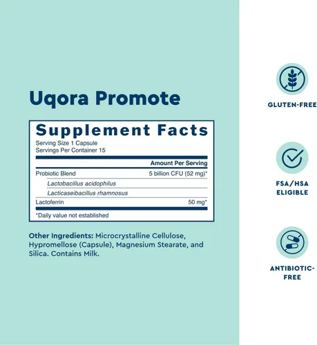 Miniatura 3 de Uqora Promote - Apoyo para la salud vaginal* - Probiótico para mujer con lactoferrina, Lactobacillus Acidophilus y Lacticaseibacillus Rhamnosus