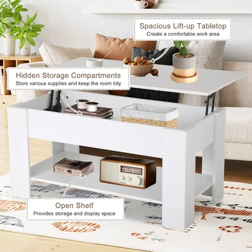 Miniatura 6 de Mesa auxiliar moderna, blanca, elevadora, madera, estante de almacenamiento, 28 x 28 x 24 pulgadas Blanco