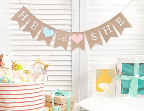 Miniatura 4 de Cartel de arpillera con texto en inglés «He or She – Decoración de baby shower, revelación de género, cartel rústico de ducha para niñas y niños
