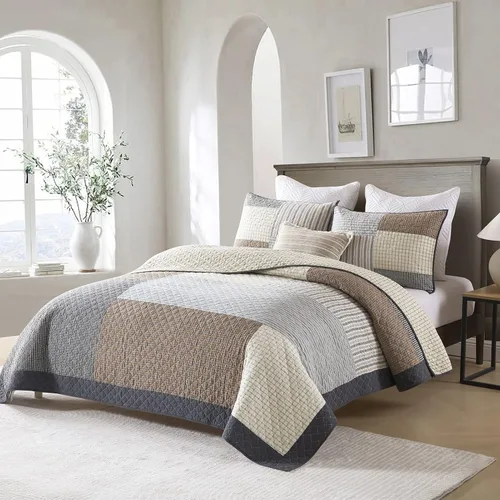 Miniatura 2 de Finlonte Colcha Tamaño King 100% Algodón Ligera Suave Colcha King de Patchwork Real a Cuadros Acolchada Cubrecama Marrón Beige Gris Colcha