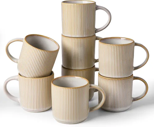 Miniatura 42 de Juego de Tazas de Café Famiware para 6, Tazas de 12 oz con Asa para Café, Té, Cacao, Leche - Juego de Vajilla de Cerámica y Gres, Blanco Mate Blanco