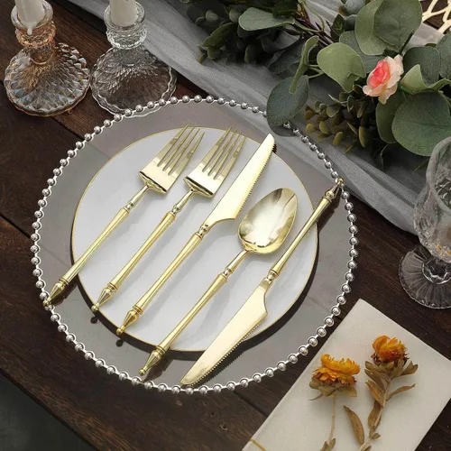 Miniatura 7 de Efavormart - Juego de 24 utensilios de plástico europeo con purpurina dorada con mango de columna romana, tenedor, cuchara y cuchillo desechables