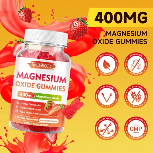 Miniatura 6 de Paquete de 2 gomitas de óxido de magnesio de 400 mg, suplemento de óxido de magnesio masticable para adultos y niños, apoyo nervioso y muscular, sin