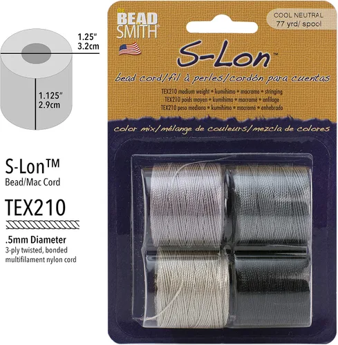 Miniatura 4 de The Beadsmith S-Lon Cordón para Cuentas – Cordón de Nylon Torcido de 0.5 mm para Ensartar, Paquete de 4, Mezcla de Neutrales Fríos, TEX210, 77
