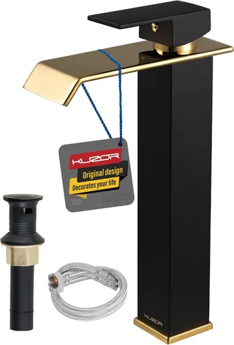 Miniatura 9 de Grifo de baño de cascada negro mate – Grifo de fregadero de acero inoxidable 304 de un solo orificio con drenaje desplegable de metal, diseño