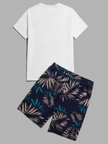 Miniatura 83 de GORGLITTER Conjunto de 2 piezas de camiseta gráfica de manga corta para hombre, estampado hawaiano con cordón y pantalones cortos
