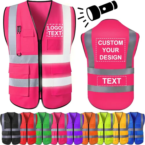 Miniatura 12 de Chaleco de seguridad personalizado para hombre, chaleco personalizado de alta visibilidad, ropa de trabajo con tira reflectante, 5 bolsillos Azul