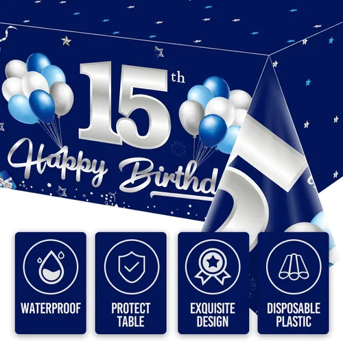 Miniatura 6 de Turypaty Paquete de 3 manteles decorativos de cumpleaños de 15 años de color azul marino para niños, manteles rectangulares desechables
