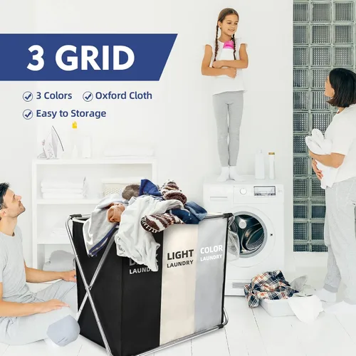 Miniatura 6 de Cesta Clasificadora de Ropa de 180L, Cesta de Ropa Grande Plegable de 3 Secciones para Organización del Cuarto de Lavado, 28" x 21" x 15" Cesta